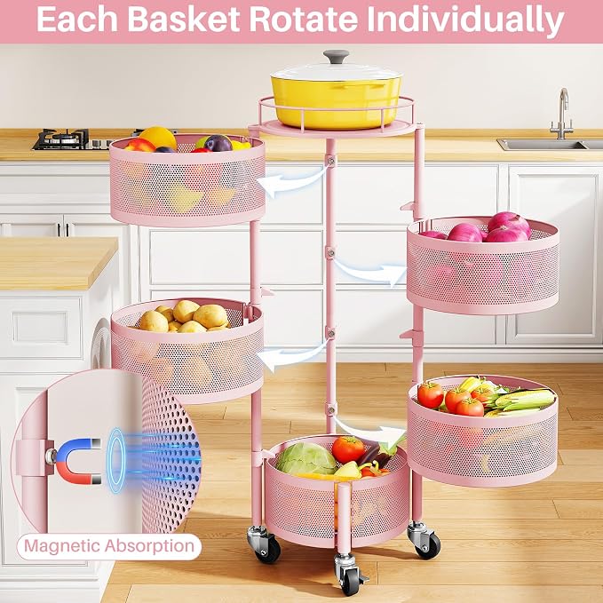 SNTD Fruit and Vegetable Basket Bowls for Kitchen with Metal Top Lid, 5 Tier Rotating Storage Rack Cart for Potato Onion Bread Banana, Wire Basket Organizer on Wheels, Large, Pink