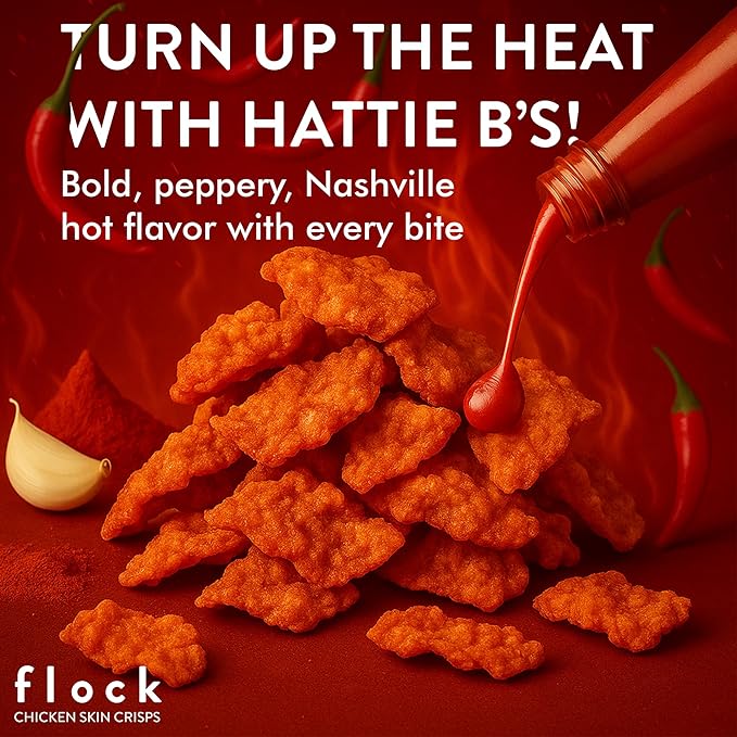 Flock Keto Chicken Skin Chips | Hattie B's Nashville Hot Flavor | Low Carb, High Protein, Sugar Free, Gluten Free Fried Chicken Skins for People | (1oz) 8-Pack Crispy Flock Chips