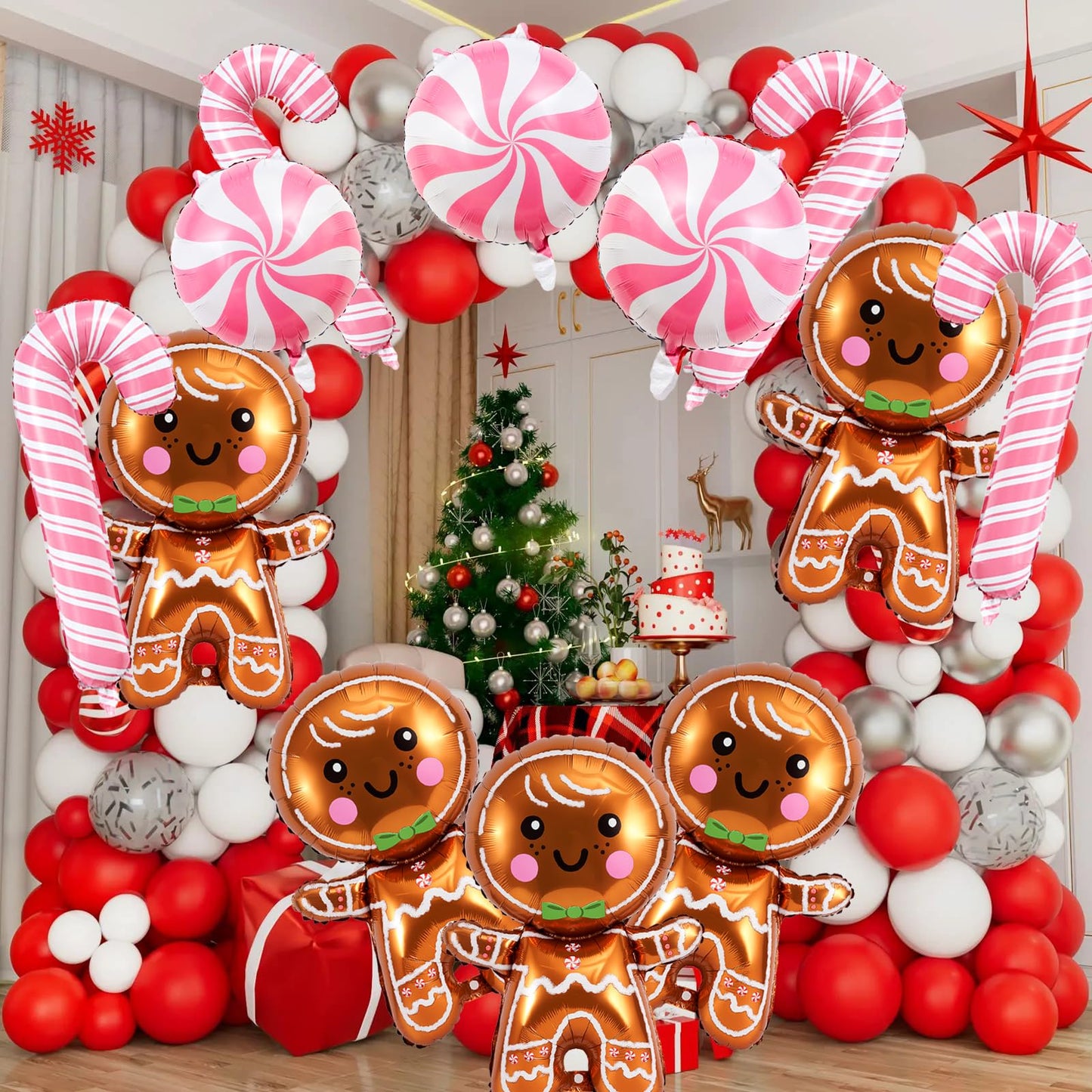 14 Pcs Christmas Balloons Decorations Gingerbread Man Balloons Pink Candy Cane Foil Balloon for Christmas Birthday Party Winter Themed Decorations
