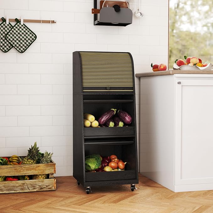 Movable Onion and Potato Storage Bin Box, Black Potato Bins with Wheels and Sliding Door, Farmhouse Fruit and Vegetable Basket Storage, Small Food Kitchen Pantry Cabinet, Wooden Bread Box, Flip-top