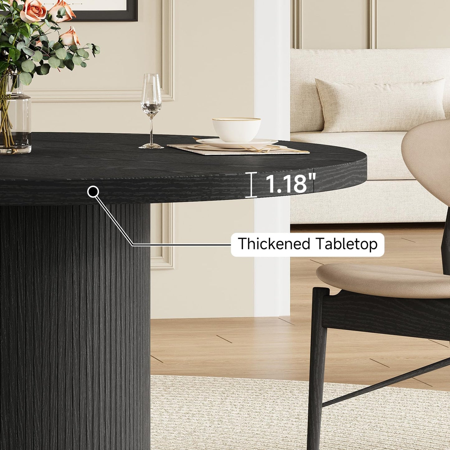 Round Kitchen Dining Table for 4-6 People, 47 inch Mid-Century Circle Dinner Tables, Rustic Wood Base in Fluted Design, Space Saving Dining Room Furniture, Large Table Only for Family Party, Black