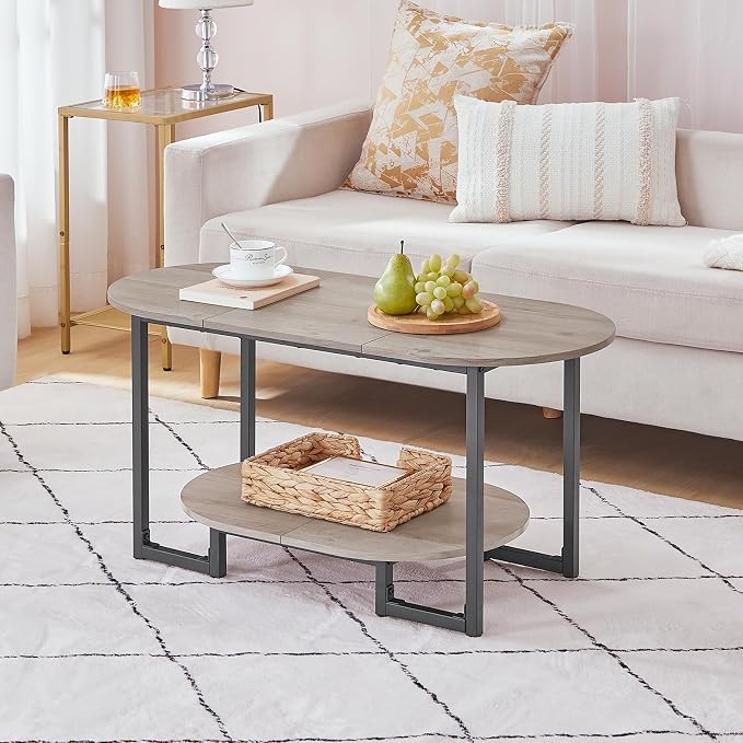 HOOBRO Coffee Table for Living Room, Oval Small Coffee Table with 2-Tier Open Storage Shelf, Industrial Cocktail Tea Table, Wooden Desktop Center Table, Farmhouse, Home Office, Greige BG09KF01