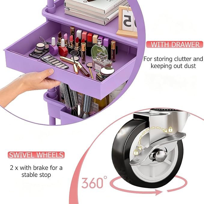 REBECAT 4 Tier Rolling Cart with Drawer, Utility Storage Cart on Wheels for Kitchen, Bathroom, Living Room,Office(Purple)