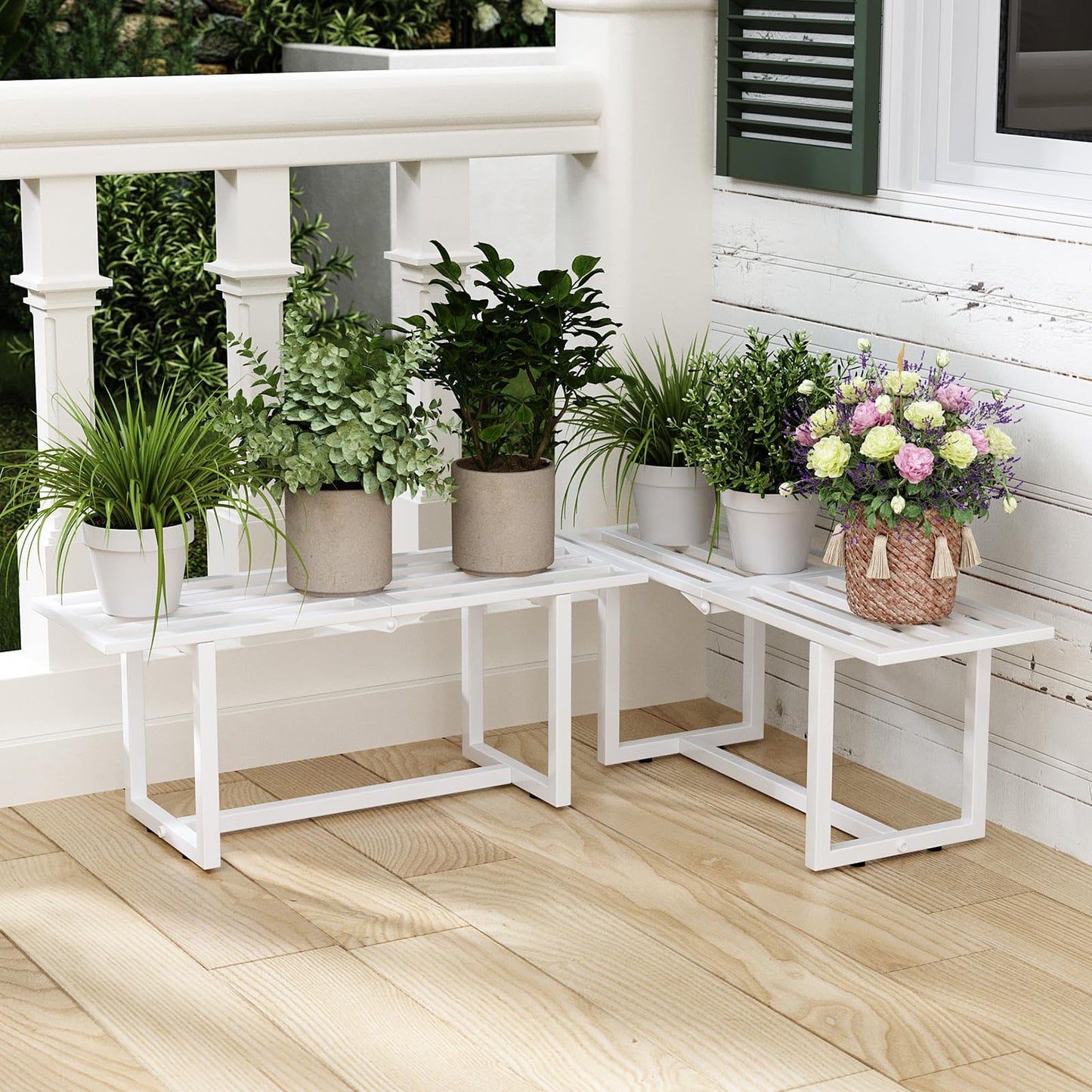 Rioneta 2-Pack Elegant Mid-Century Modern Metal Tiered Plant Stand Robust 330 lbs Capacity Versatile Indoor Outdoor Display for Living Room, Patio & Balcony White