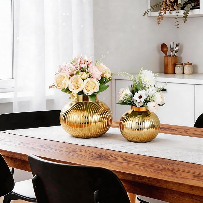 Gold Glass Vases for Tulips, Set of 2, Flower Vases for Bouquet, Ribbed Glass Vase for Flowers, Short Vase for Living Room, Office, Coffee Table, Shelf, Wedding