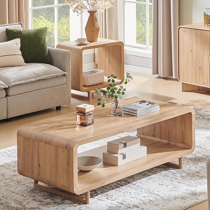 IFGET 48" Modern Coffee Table, 2-Tier Minimalist Center Table with Storage Shelf, Curved Profile Design, Wooden Rectangular Living Room Table w/Wood Thick Design for Living Room, Office, Natural Oak