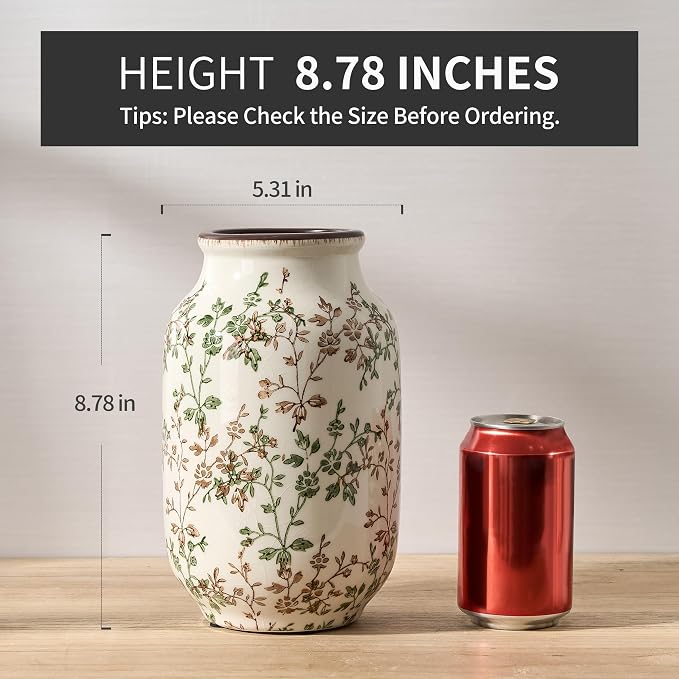 SIDUCAL Ceramic Vintage Pastoral Vase, 8.78 Inch Chinoiserie Floral Vase, Retro Ice Cracked Rustic Farmhouse Vases for Home Decor, Living Room, Bookshelf, Office, Tuscan Decor, Green and Brown Floral