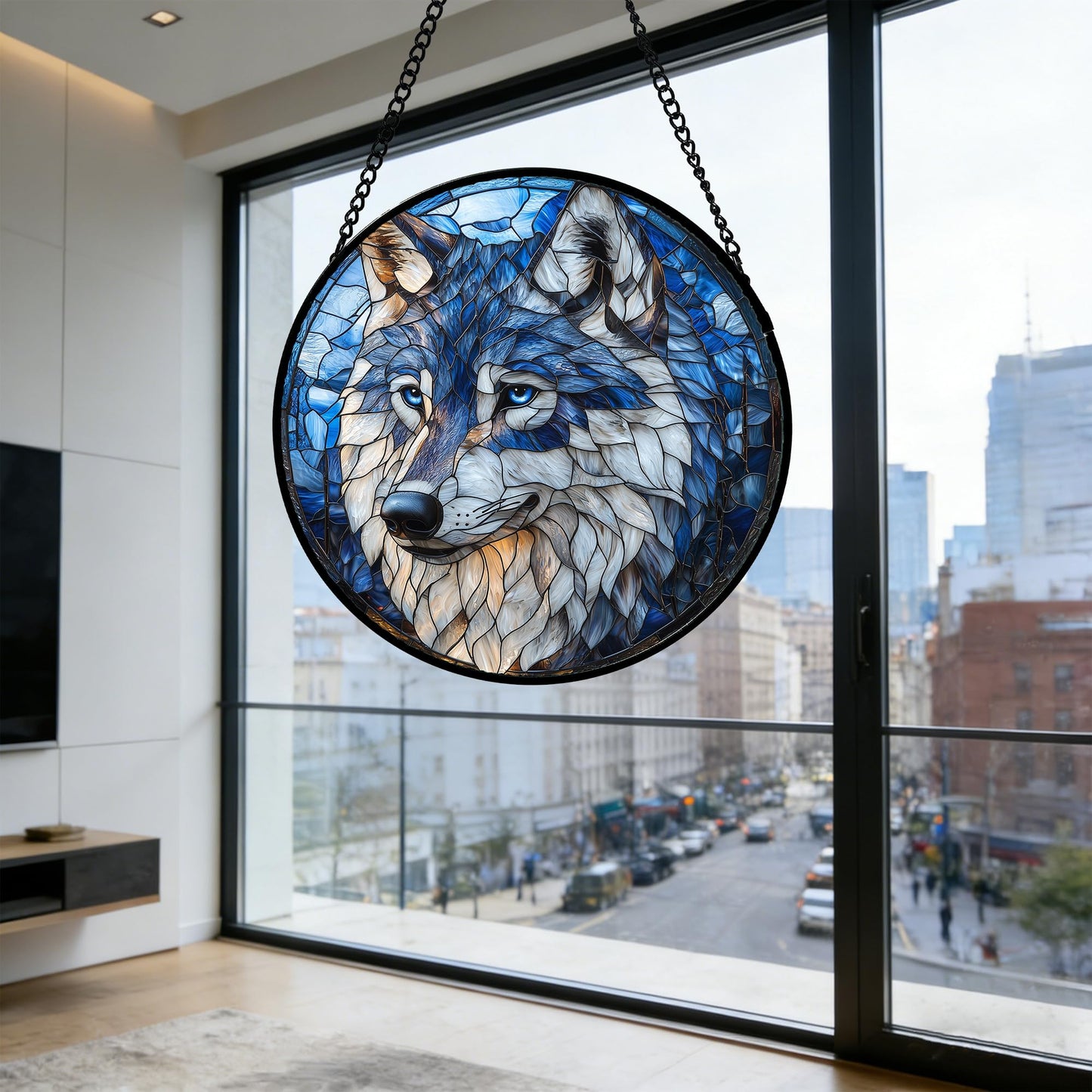 DASTOLL Stained Glass Window Hanging - Funny Wolf Suncatcher Ready to Hang Window Doors Home Decoration and Christmas, Mother's Day Birthday Gifts for Women, Men, and Mom 9.8x9.8 in