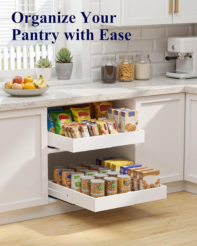 Kitsure Pull Out Cabinet Organizer - 2 Pack(12.6"-21" D x 12"-20.4" W) Expandable Sliding Cabinet Shelves, Smooth Glide Drawer Organizer, Kitchen & Pantry Storage, Framed & Frameless Cabinets