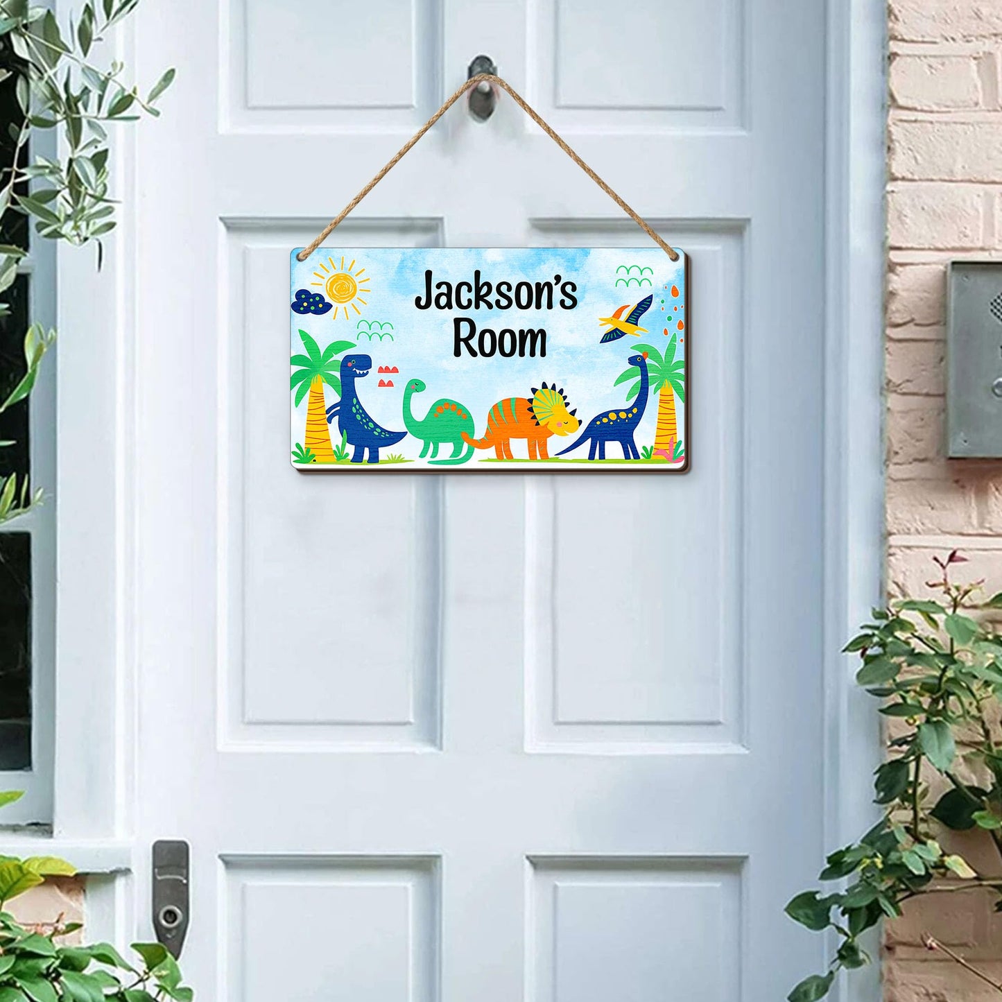 Personalized Hanging Dinosaur Wood Sign w/Alphabet Stickers, DIY Custom Kid's Name Door Sign Triceratop & Brontosaur Dinosaur, Baby Boys Bedroom Nursery Plaque Wall Art Decor Gifts From Mom Dad