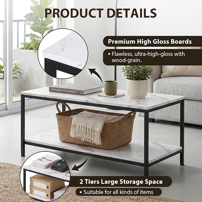 SUPER DEAL 2-Tier Coffee Table with Storage Shelf for Small Apartment Living Room, Rectangle Wood and Stable Metal TV Stand Side End Table, White Marble