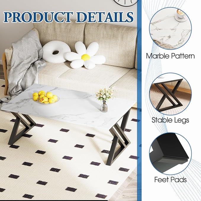 Wolawu Coffee Table White Living Room Center Table, Simple Modern Faux Marble Rectangular Tea Table with Sturdy Black Metal Frame,Industrial Wooden Coffee Table for Bedroom Home Office