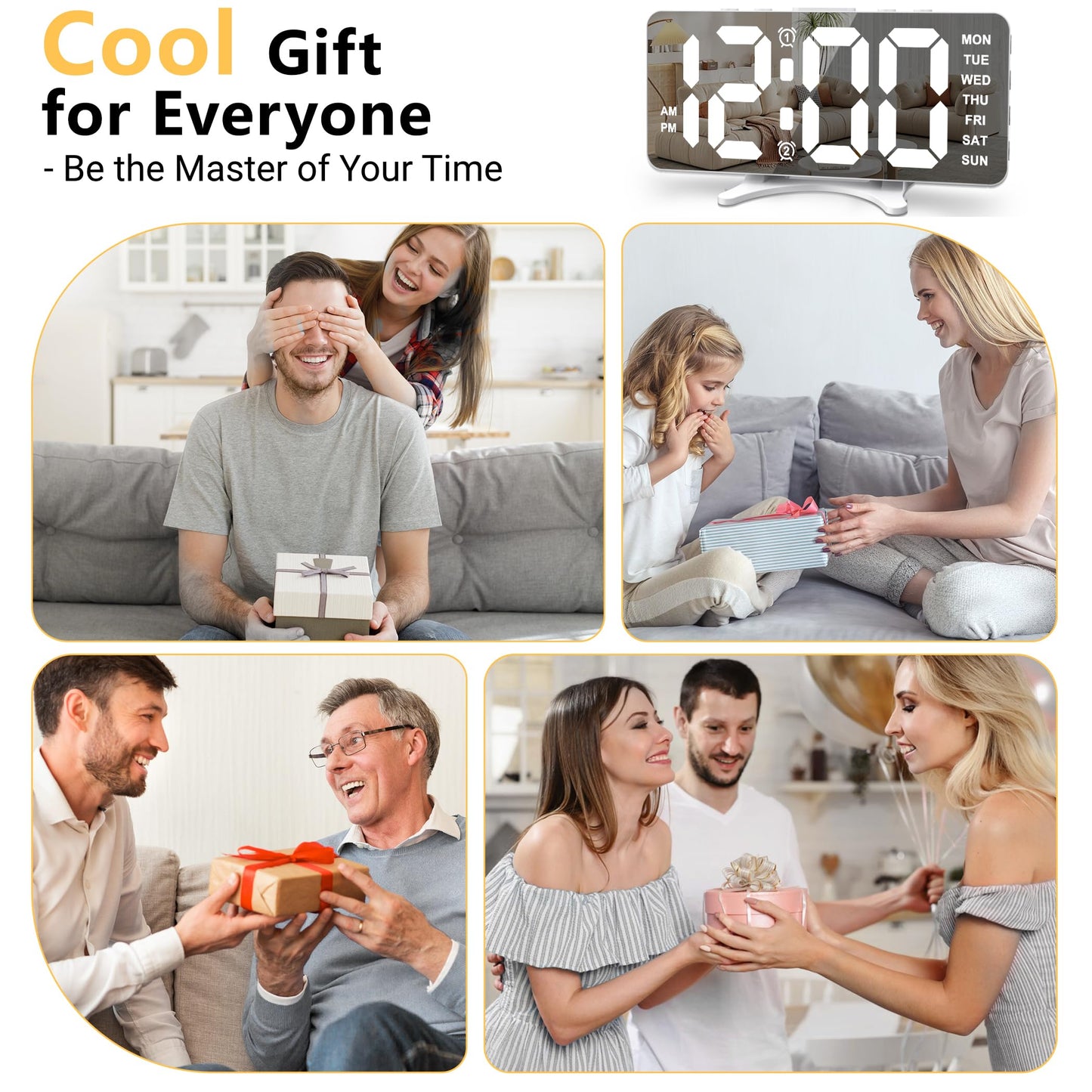 Risop Digital Alarm Clock for Bedroom, Mirror LED Display Bedside Clock with Adjustable Brightness, Dual Alarm & Snooze for Heavy Sleepers, USB Powered Desk Clock for Nightstand, Home & Dorm