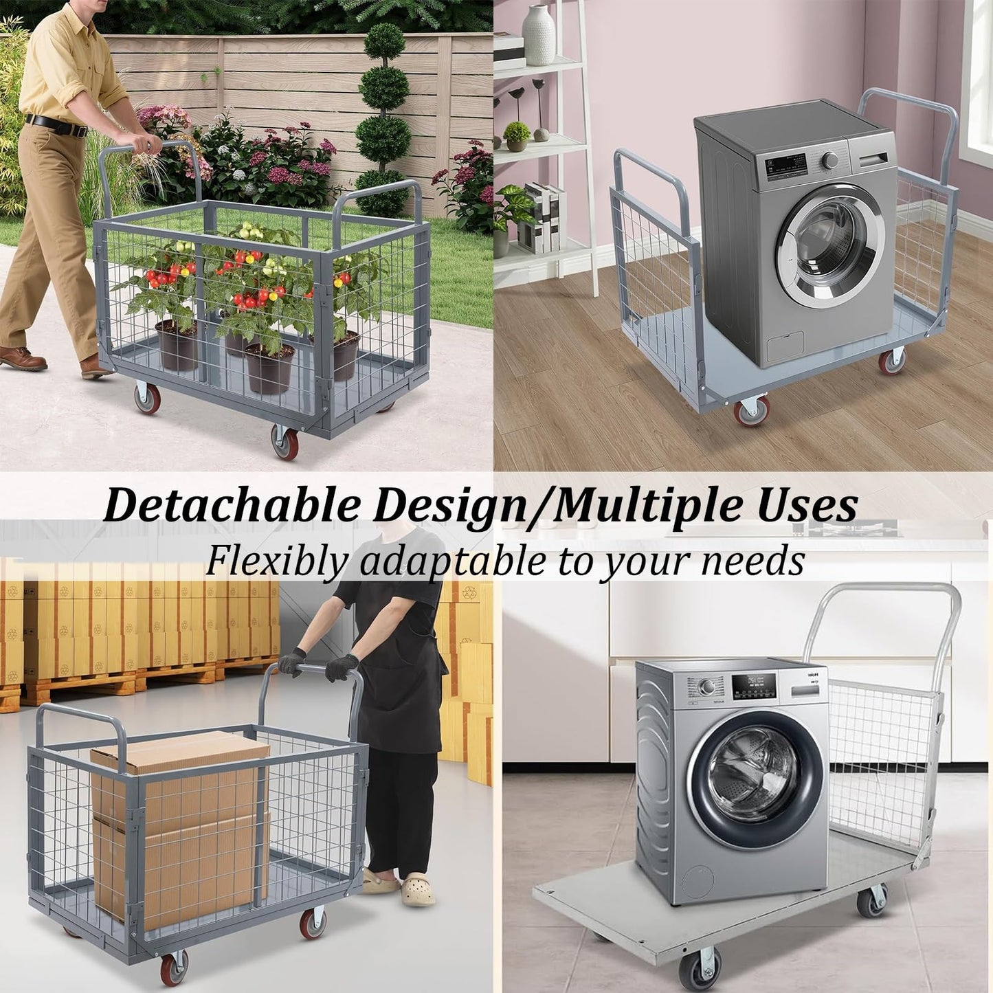 Heavy Duty Platform Truck Cart with Cage, Extra Large Foldable Push Cart, 2200LBS Capacity, for Warehouses Storage