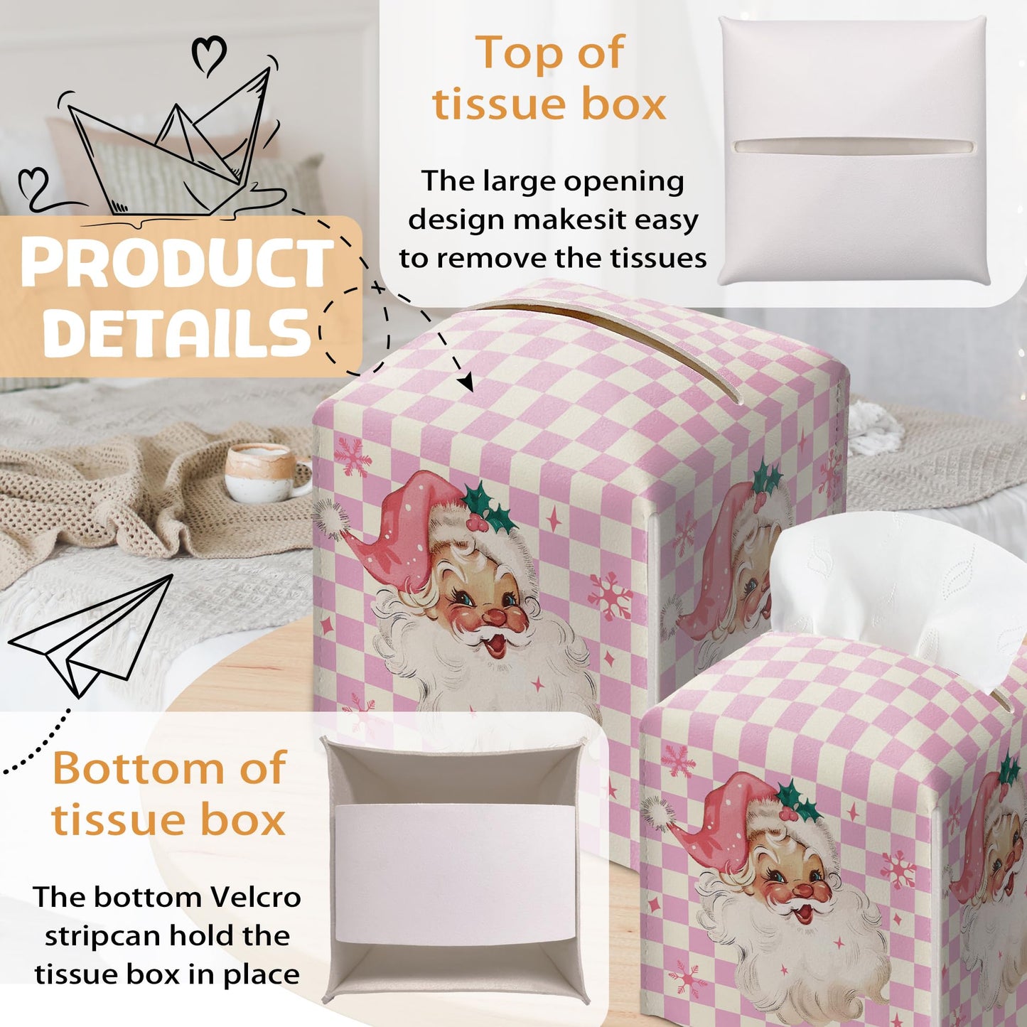 Merry Christmas Tissue Box Holder, Santa Claus Pink Checkered Leather Tissue Box Cover Square, Paper Facial Decorative Tissues Cover for Night Stands Bathroom Office Home Decor-B09