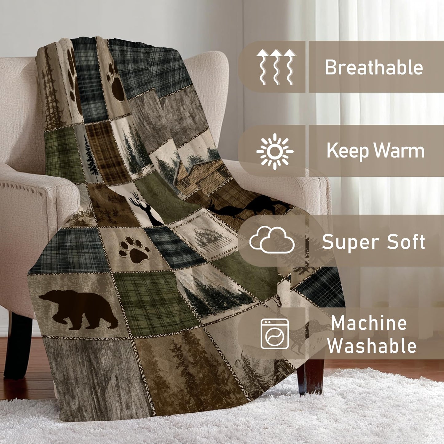 DEMCEAR Rustic Cabin Throw Blanket Wildlife Hunting Bear and Deer Brown Green Plaid Patchwork Lodge Blankets Soft Cozy Flannel Fleece for Living Room Bedroom Couch Sofa Bed Camping, 50x60 Inch