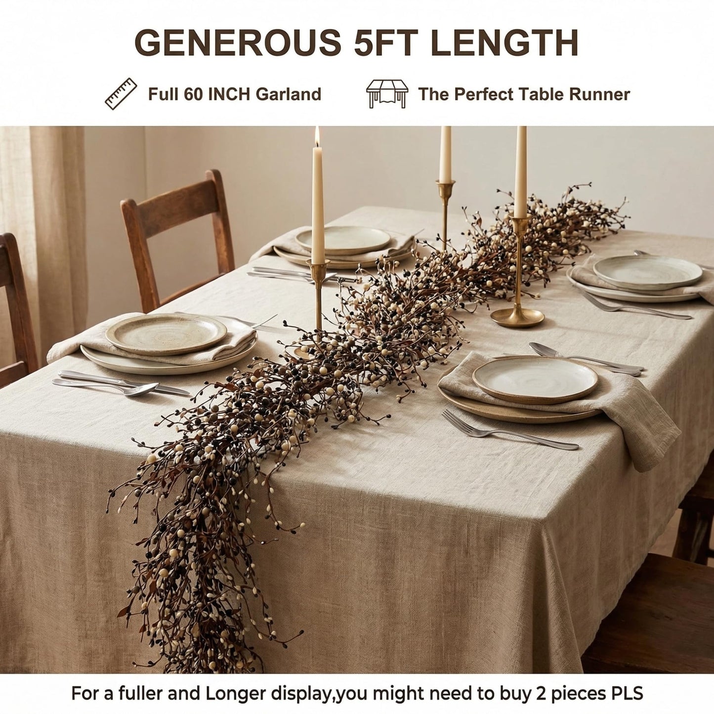 Quixem 5FT (60 in) Rustic Black Grey & Cream Pip Berry Garland for Mantel & Table, Neutral Everyday Farmhouse Decor, Flexible Wired Vine, Precise Size & Less Shedding