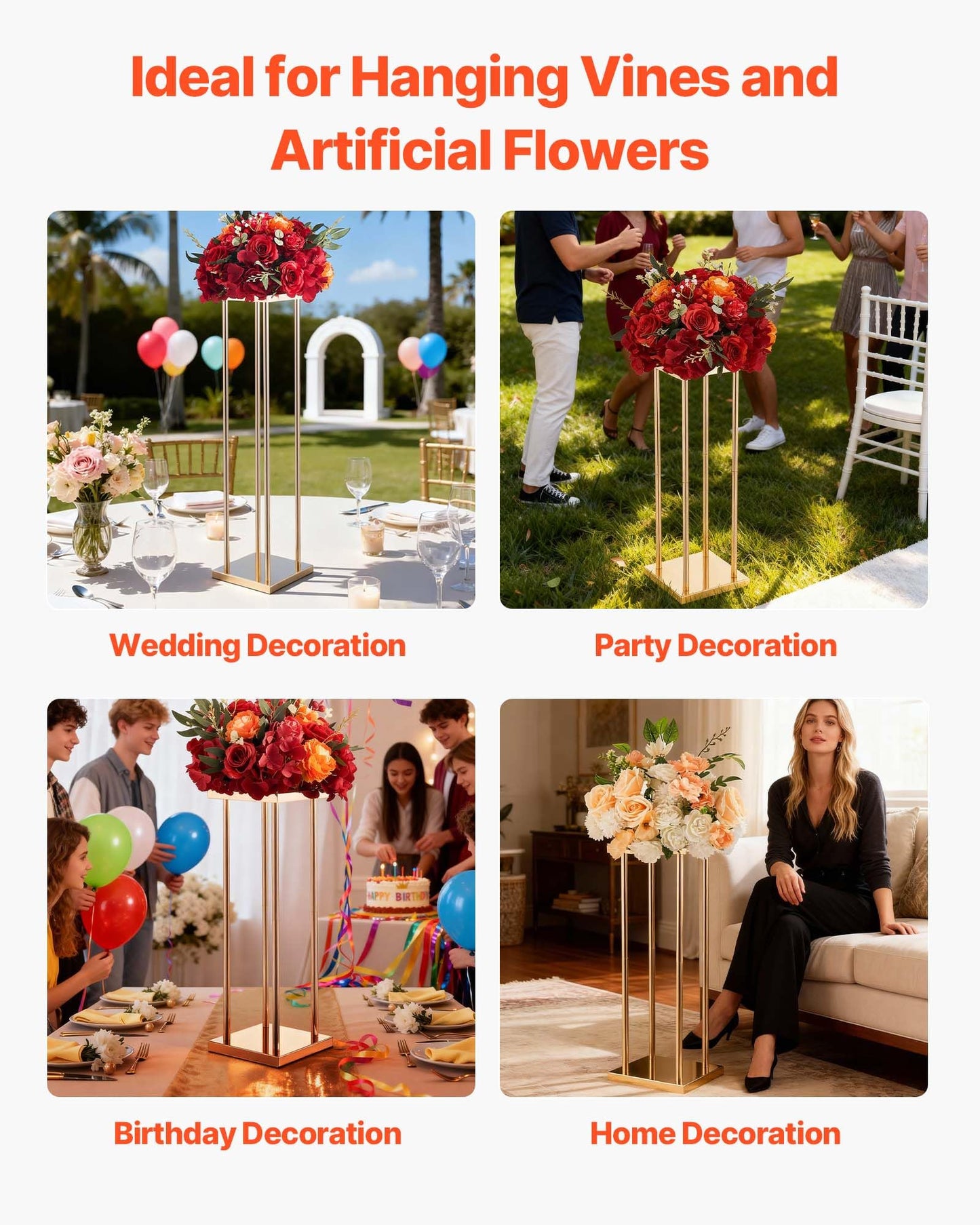 VEVOR Wedding Flower Stand, 10PCS 31.5-inch Column Flower Stand, Floral Stands with Metal Laminate,Cylindrical Cubic Floral Display Rack for Wedding, Party, Birthday, Home,French Gold Stands