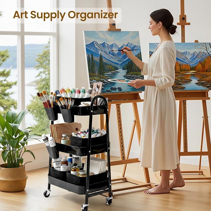 3-Tier Rolling Utility Cart with 4 Woven Baskets, Diaper Book Snack Cart, Storage Organizer for Nursery, Kitchen, Craft Room, Home SPA, Living Room, Metal Frame Trolley on Lockable Wheels, Black