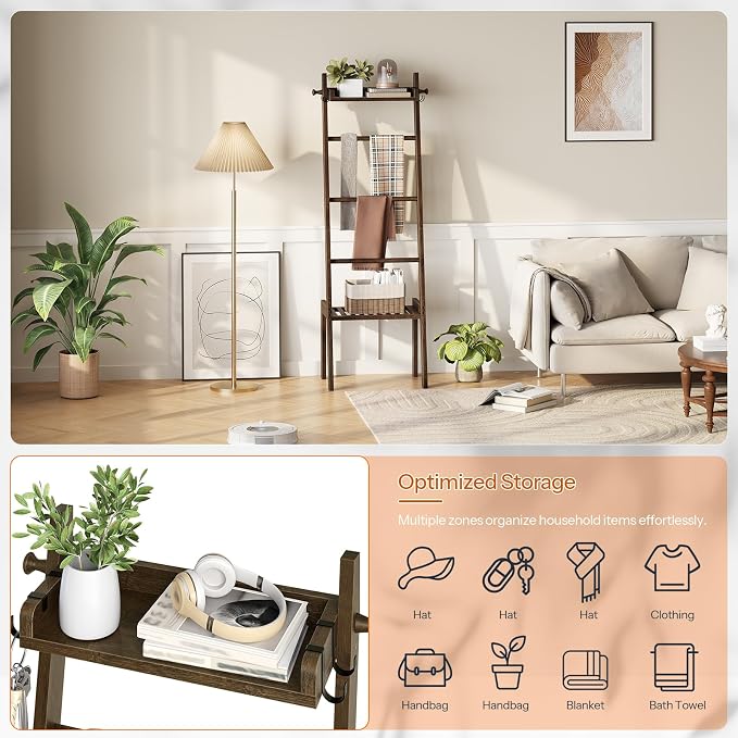 HOOBRO Blanket Ladder, 5 Tier Bamboo Ladder Shelf, Blanket Ladders for Living Room and Bedroom, Farmhouse Blanket Holder Rack for Storage and Home Decor, Decorative Towel Rack, Mocha MA91CJ01G1