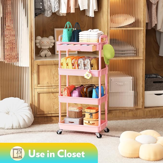 SUNALLY Makeup Cart Organizer with Drawers, 4 Tier Floor Skincare Organizers for Vanity, Rolling Makeup Bathroom Storage Cart Cosmetics Display Cases for Skin Care Perfume Nail Polish, Pink