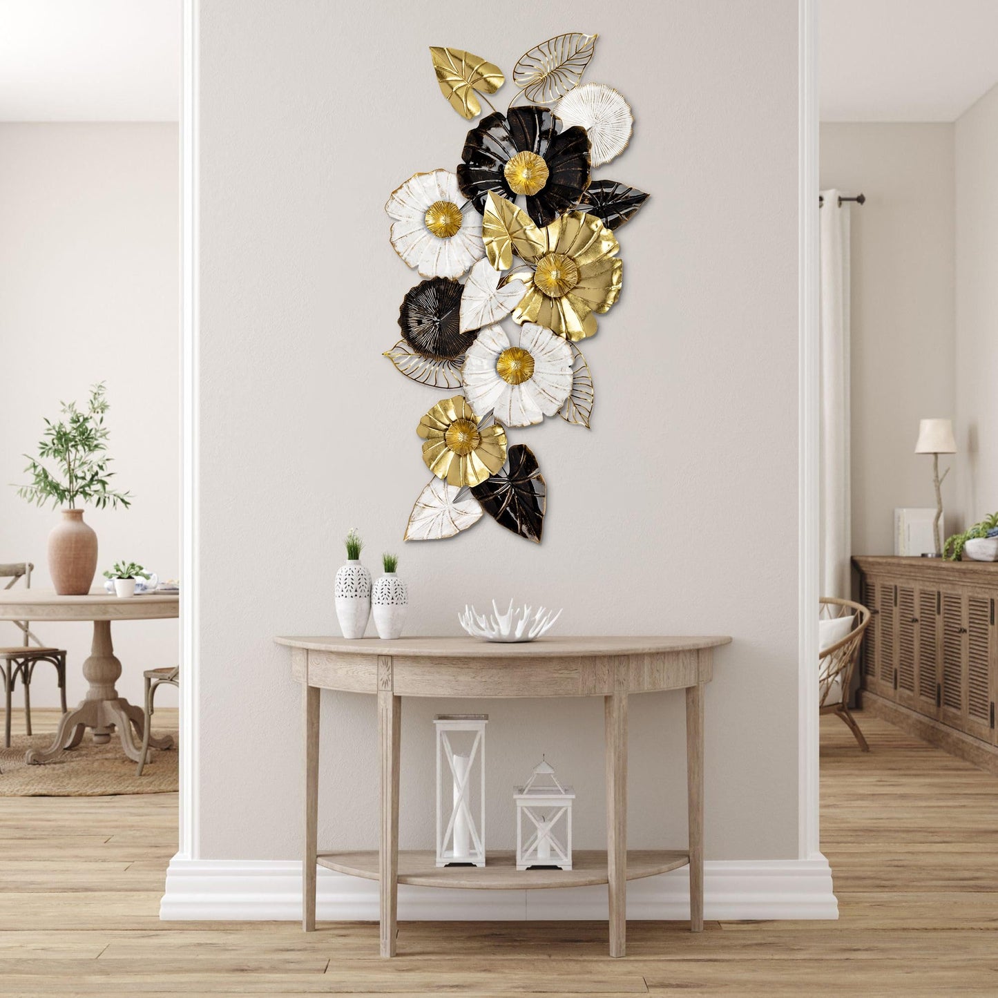 45 Inch Extra Large Wall Decor Art Wall Accents for Living Room, White Gold and Black Wall Art Metal Hanging Decor, Home Kitchen Bathroom Above Bed TV Over White Wall Decor, Rustic Wall Sculptures Decoration