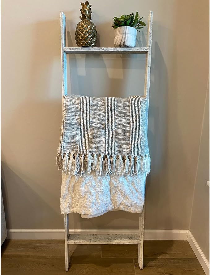 BARNWOODUSA Throw Blanket Ladder – Fully Assembled Reclaimed Wood – Rustic Decorative Ladder for Towels, Quilts, & More – Perfect Farmhouse Decor for Bathroom, Porch, or Living Room,5' x 18" White