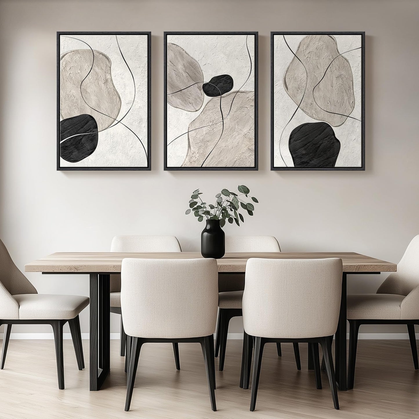 Framed Black and White Abstract Wall Art for Living Room, Large 3 Piece Neutral Minimalist Canvas Artworks, Modern Painting Prints for Dining Room Hallway Home Office Wall Decor, 24x36 In