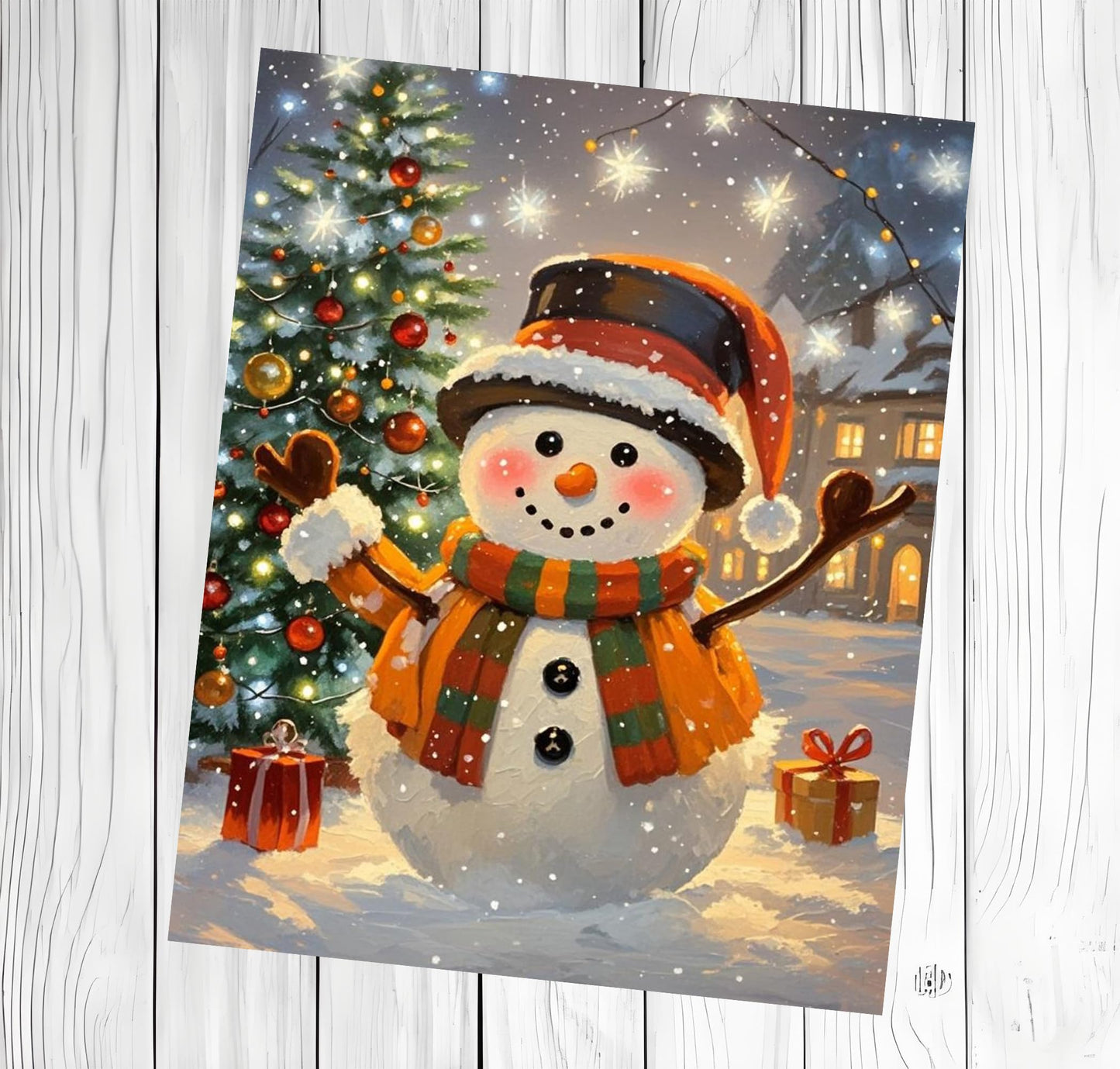Cheerful Christmas Snowman Wall Art Print, Festive Winter Holiday Painting, Cute Snowy Christmas Tree Home Decor, Whimsical Holiday Poster, 8x10 Inches Unframed