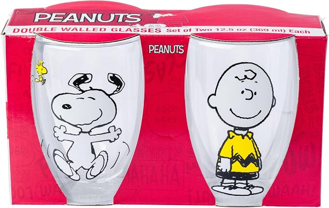 Silver Buffalo Peanuts 2 Piece Double Walled Glass Set Featuring Snoopy, Woodstock, and Charlie Brown, 12.5 Ounces
