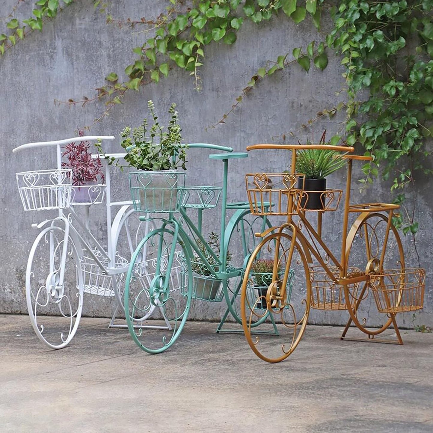 yerealye Metal Bicycle Plant Stand, Outdoor/indoor Decorative Flower Rack Bike Shape Planter Flower Holder with 4 Baskets for Patio, Garden, Balcony, Yard, Home Decor Ornament(108x70cm(42x27), Gold)