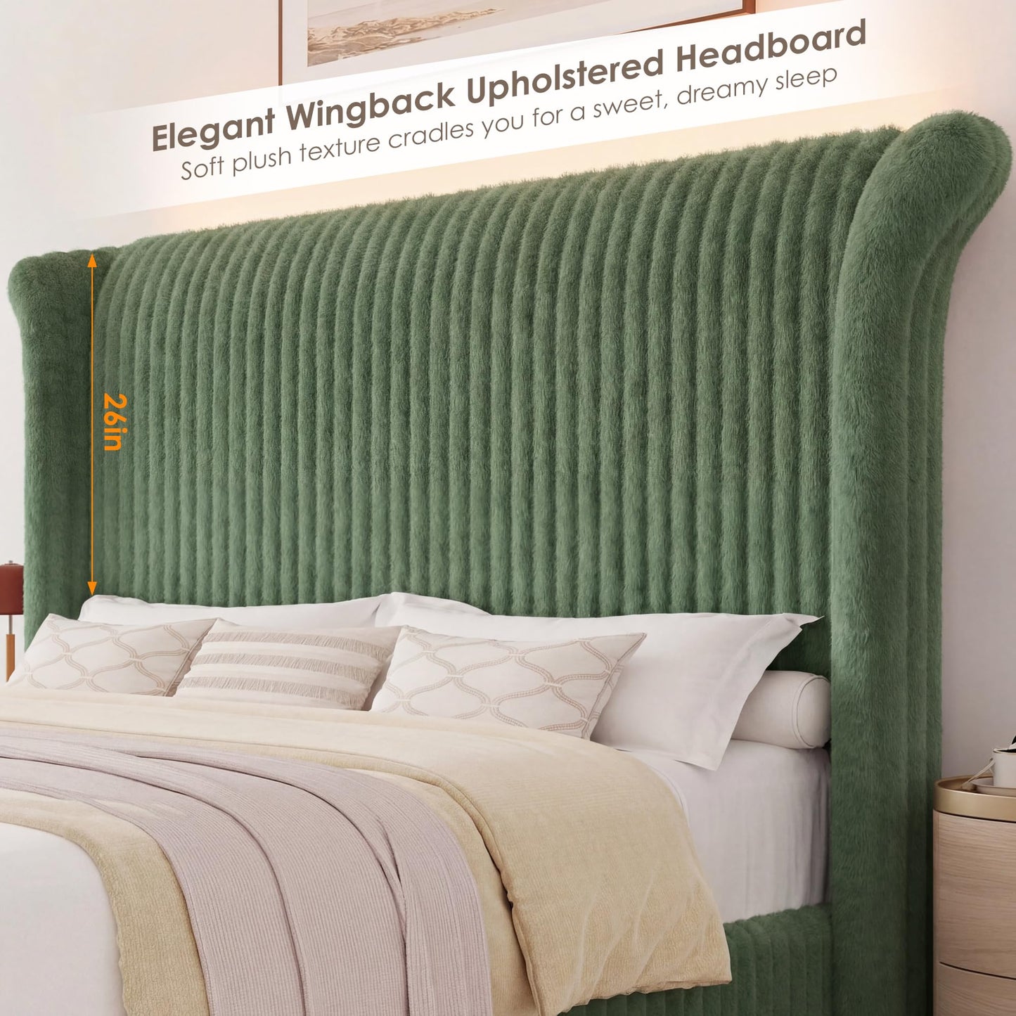 Keyluv Queen Bed Frame with 54” Tall Faux-Fur Wingback Headboard, Upholstered Platform Bed with LED Light, Mattress Foundation with Solid Wooden Slats Support, No Box Spring Needed, Noise-Free, Green
