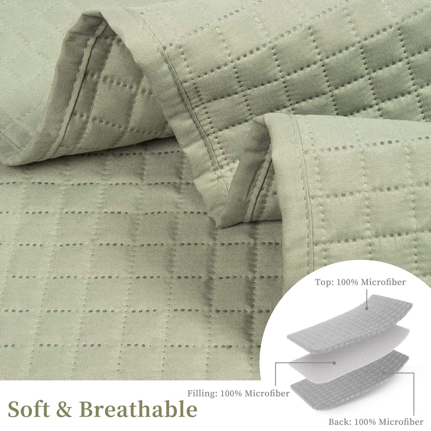 HollyHOME Luxury Checkered Super Soft Solid Single Pinsonic Quilted Bed Quilt Bedspread Bed Cover 102"x96", Sage Light Green, King