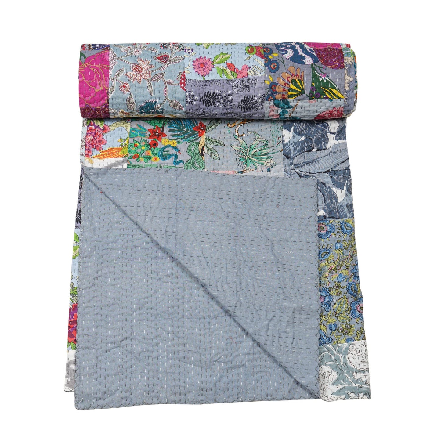 Marubhumi Indian Traditional Pure Cotton Patchwork Quilt, Paisley Print Kantha Quilt Multi Color (Multicolor-31, Twin (60"x 90"))