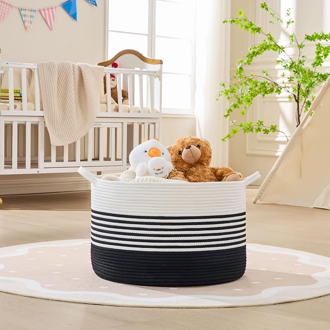 KAKAMAY Cotton Rope Storage Basket (20"x13"),Woven Hamper for Blankets,Toys,Pillows,Clothes,Laundry,Sturdy Handles Decorative Basket for Living Room, Bedroom,Nursery(Black/Black Fringe)
