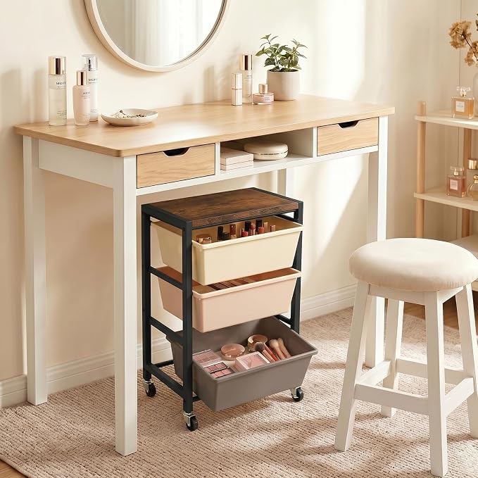 Rolling Cart with 3 Drawers, Plastic Drawer Storage Carts with Lockable Wheels & Wooden Tabletop, Metal Art Craft Utility Cart Organizer for Home Office Bedroom Dorm Bedside Classroom, Dark Brown