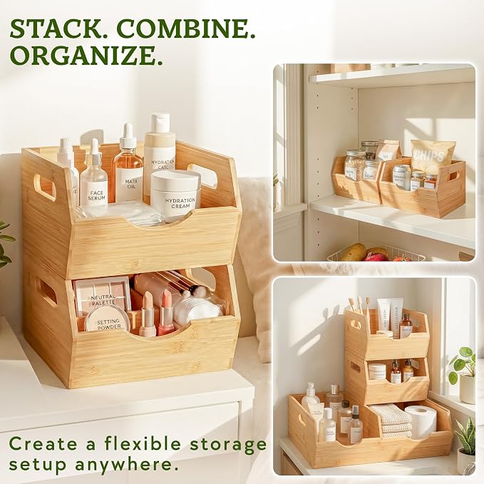 HOMESTEAD Extra Large Bamboo Pantry Storage Bins – 30% Larger, Stackable Potato Onion Storage Bin, Large Pantry Organizers and Storage, Produce Vegetable Organizer, Set of 3