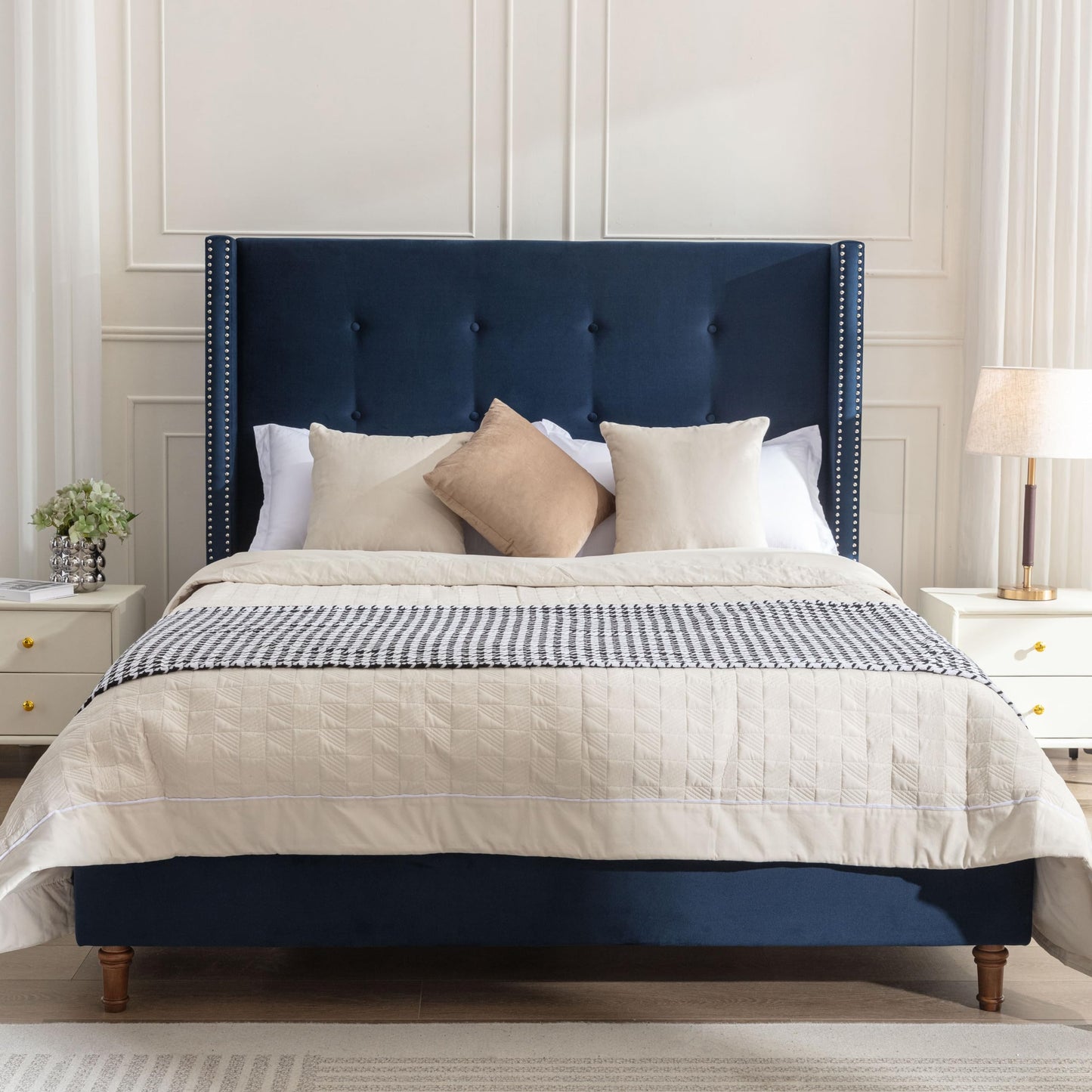 GDFStudio Tall Headboard Upholstered Bed,Queen Size Platform Bed Frame with Headboard Nailhead Trim Wingback,54" High No Box Spring Needed Easy Assembly Traditional Hand Buttoned Tufting Blue Velvet