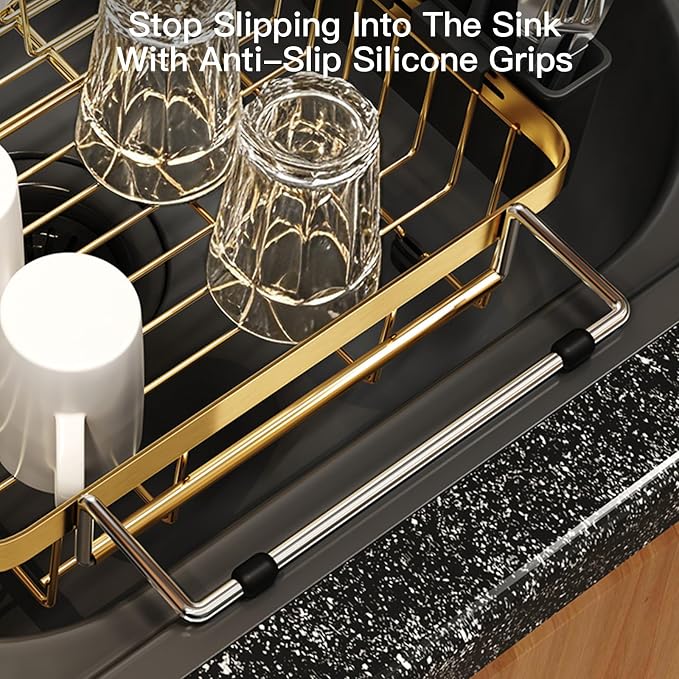 MAJALiS Gold Dish Drying Rack Over The Sink with Utensil Holder, Mat | Expandable Stainless Steel Dish Drainer for Small Kitchen, Apartment, RV, Counter Space Saving, Perfect Fit, Rustproof