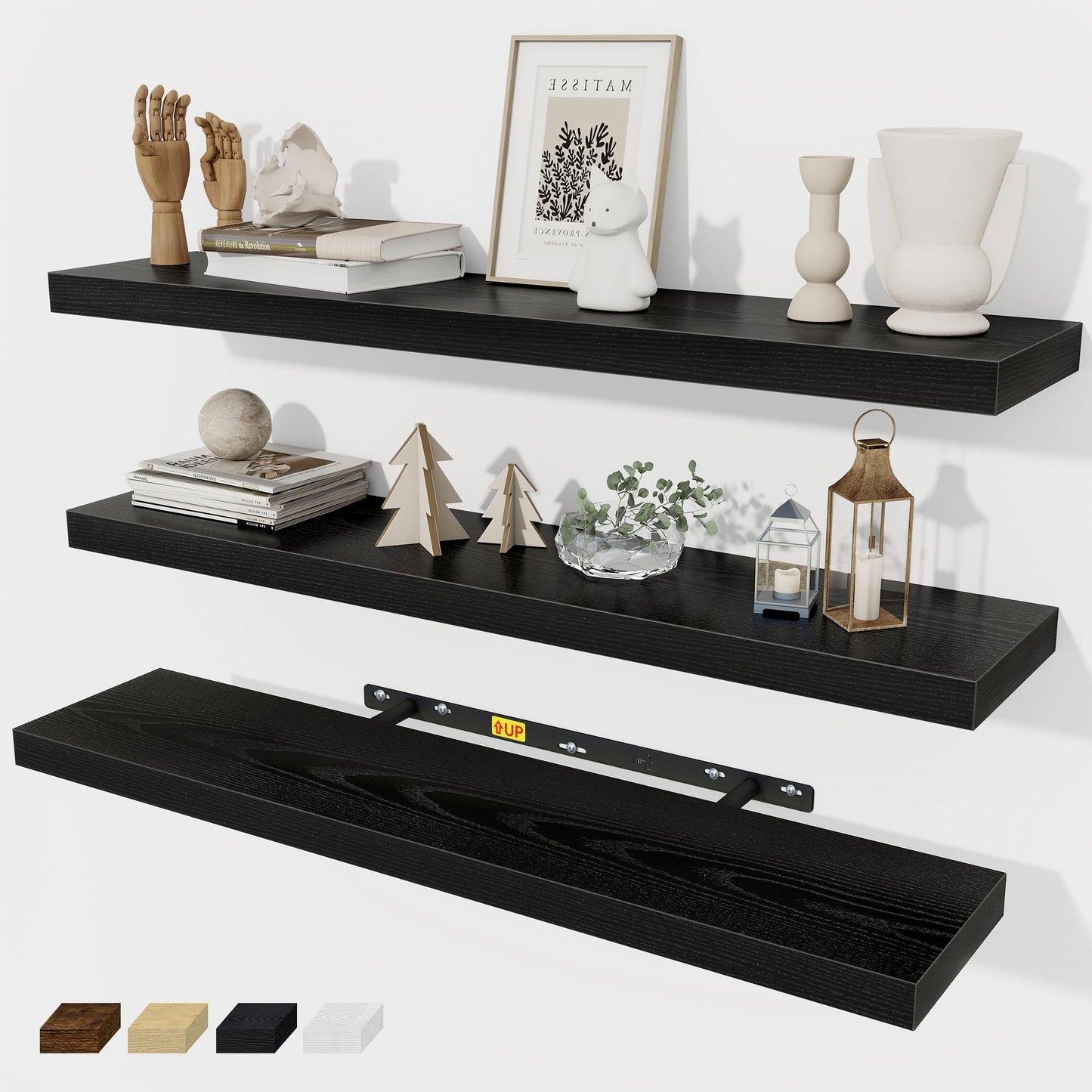 Fun Memories 32 Inch Floating Shelves Wall Shelf Set of 3, Black Bathroom Shelves 32 Inch, Farmhouse Home Decor Living Room, Kitchen Black Shelves for Wall, 32 x 6.7 x 1.4 Inch