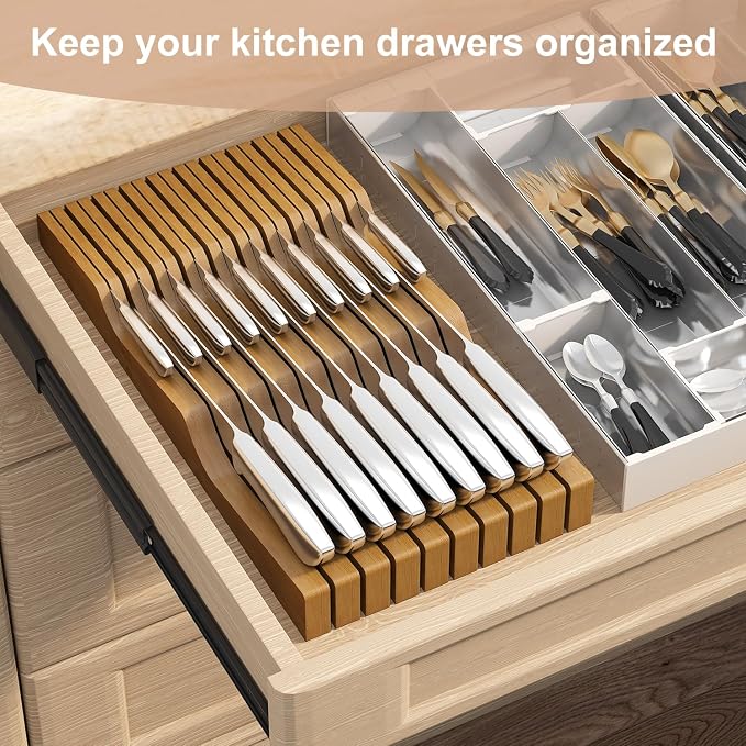 In-Drawer Knife Block Organizer - Bamboo Wood Drawer Knife Organizer-Protecting Knife Organizer Block (Not Included) (Brown, 19 Knives Dock)