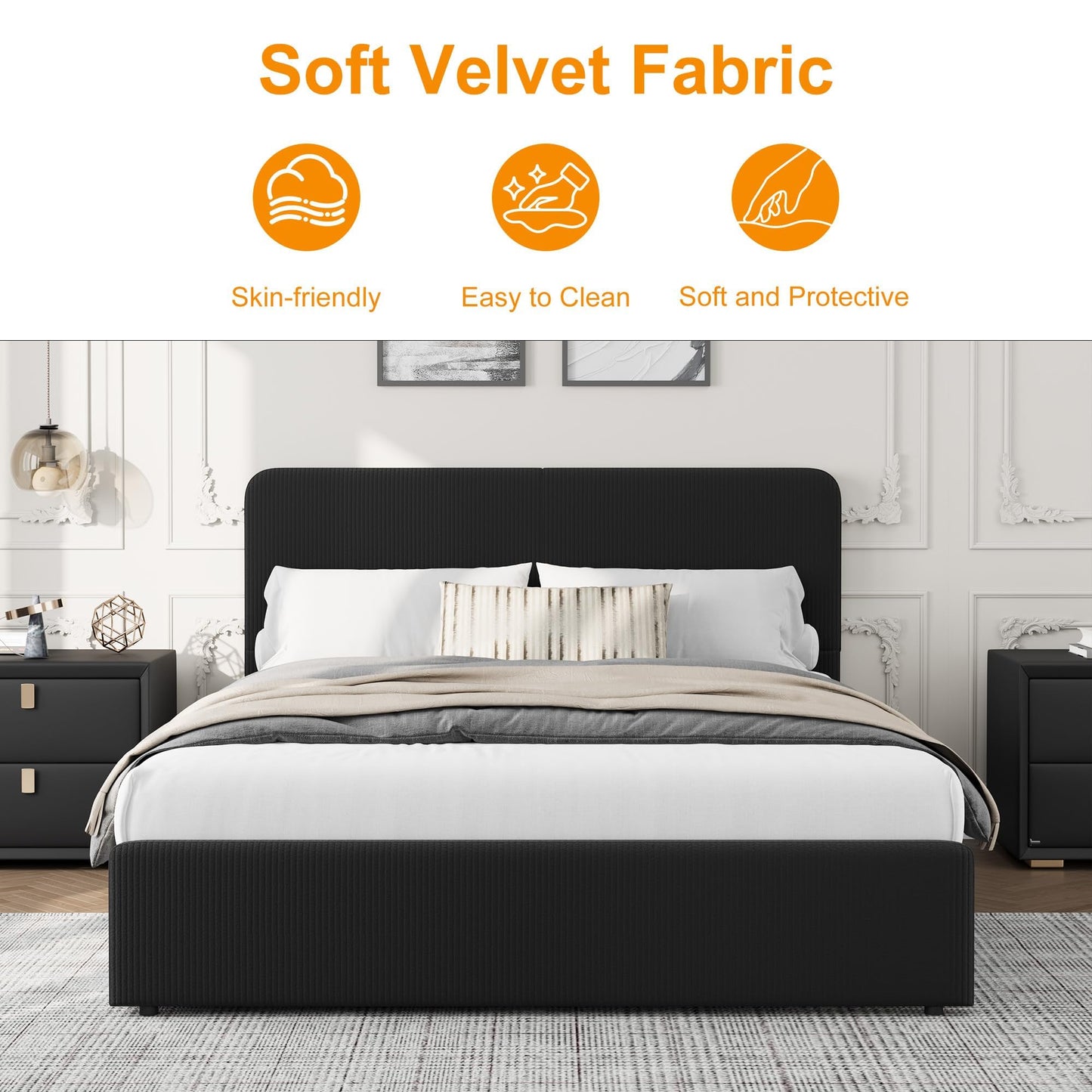 GarveeHome Modern Upholstered Platform Bed Frame with Headboard and Storage Drawers – Strong Wood Slat Support, No Box Spring Needed, Low Profile, Easy Assembly – Corduroy Black