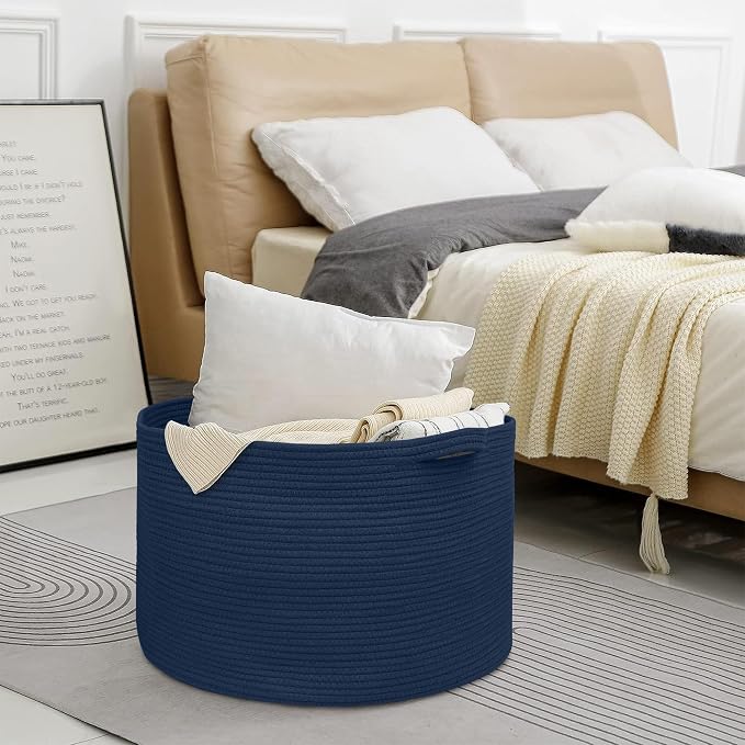MEGASKET Dark Blue Basket for Organizing, 22" x 14" Extra Large Woven Cotton Rope Laundry Basket, Blanket Storage for Living Room Bedroom, Big Nursery Kids Toy Box Organizer, Pool Towel Storage Bin