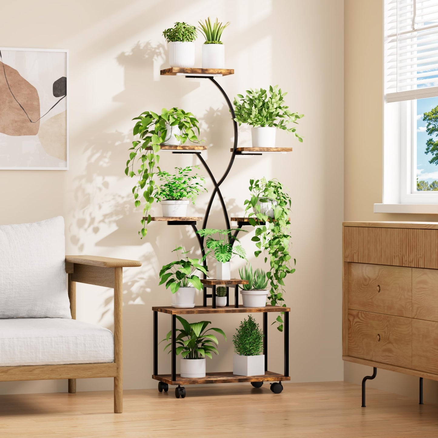 Azaeahom Plant Stand Indoor with Grow Lights, 8 Tiered Metal Plant Shelf with Wheels, 58" Tall Corner Plant Stand Flower Display Rack Holder for Living Room, Patio