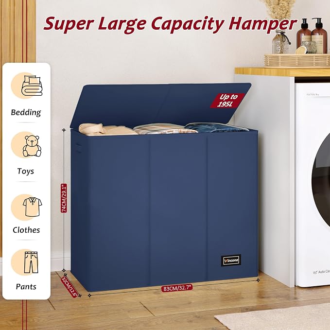 195L Laundry Hamper 3 Section,Large Laundry Hamper with Lid,Dirty Clothes Hamper with 3 Inner Bags,Collapsible Laundry Basket Organizer for Laundry Room,Laundry Sorter Hamper 3 Compartment(Blue)