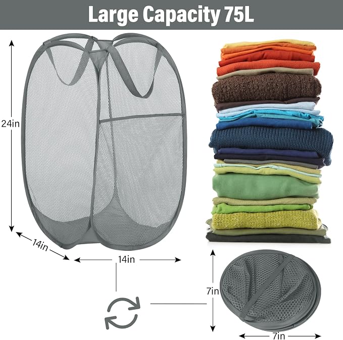 BATTOO Deluxe Strong Mesh Pop up Laundry Hamper Basket with Side Pocket for Laundry Room, Bathroom, Kids Room, College Dorm or Travel 2 Pack White