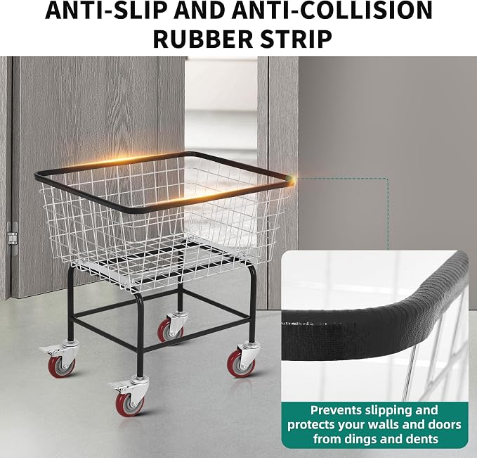 Large Rolling Laundry Cart with Wheels Holds 2 Washer Loads, Wire Laundry Basket, Heavy-Duty Steel Storage Basket with Galvanized Finish, for Commercial or Home Laundry
