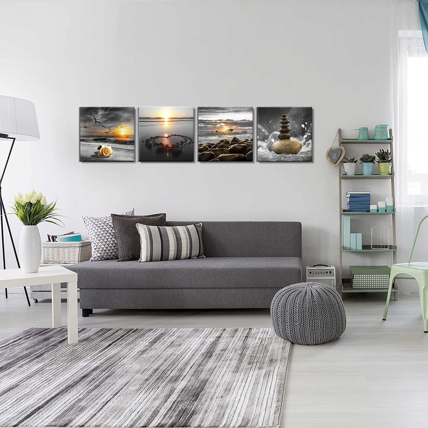 Bamdeya Beach Wall Art Canvas Zen Prints Art Black and White Wall Decor Gold Sea Sunset Seascape Wall Pictures Ocean Sunrise Love Painting for Living Room Bathroom Decor Home Decoration Framed