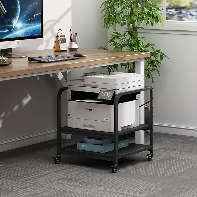 Fannova 2 Tier Under Desk Printer Stand with Storage, 20 Inches Deep Large Printer Table with Height Adjustable Shelf, Rolling Printer Cart with Wheels for Home Office - Black