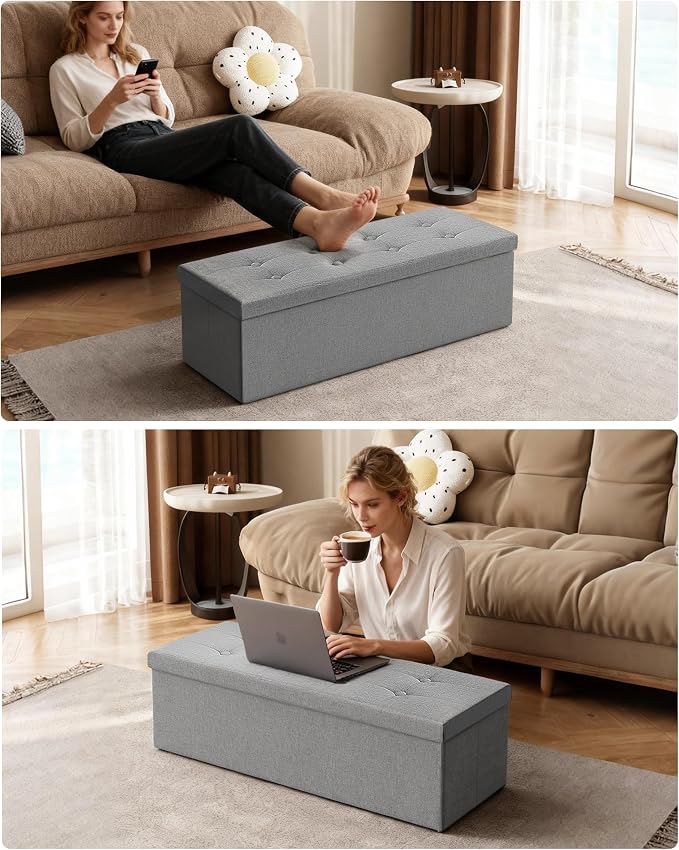 GLAXYFUR 43 Inches Folding Storage Ottoman Bench, Storage Chest, Footrest for Entryway, Living Room, Holds up to 660 lb, Light Grey